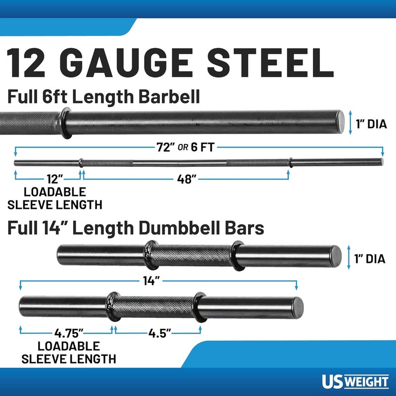US Weight 105 Pound Barbell Weight Set for Home Gym| Adjustable Weight Set with Two Dumbbell Bars and Full 6 Ft Bar, Black - Image 4